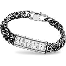 Personalized Mens Bracelet Custom Stainless Steel Bracelet for Men Engraved 1-6 Name Beads Braid Father Bracelet Customized Jewelry Gifts for Dad Husband Fathers Day Birthday