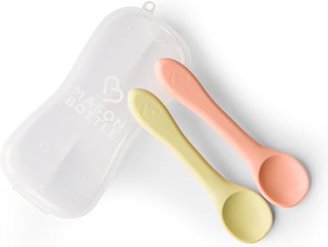 Mason Bottle Silicone Baby Spoons 2-Pack BPA-Free Feeding Utensils for Babies 612 Months Puree Spoons with Case, Non-Toxic, Dishwasher Safe Buttercup & Harbor