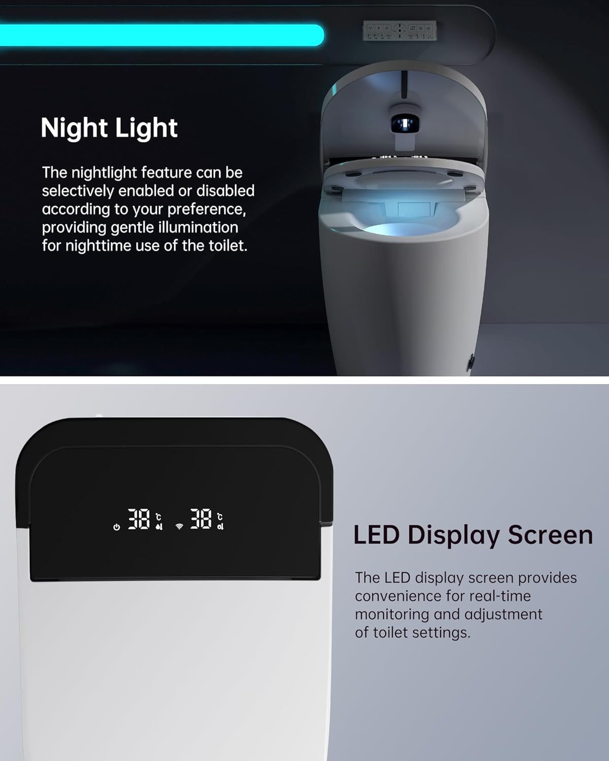 Smart Toilet,One Piece Bidet Toilet for Bathroom with Auto Open & Close Lid and Seat,Warm Water and Dry,Heated Seat,Foot Sensor and Night Light, Auto Flush