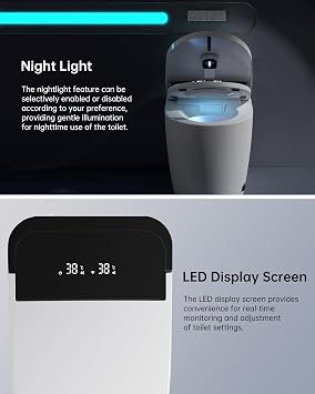 Smart Toilet,One Piece Bidet Toilet for Bathroom with Auto Open & Close Lid and Seat,Warm Water and Dry,Heated Seat,Foot Sensor and Night Light, Auto Flush