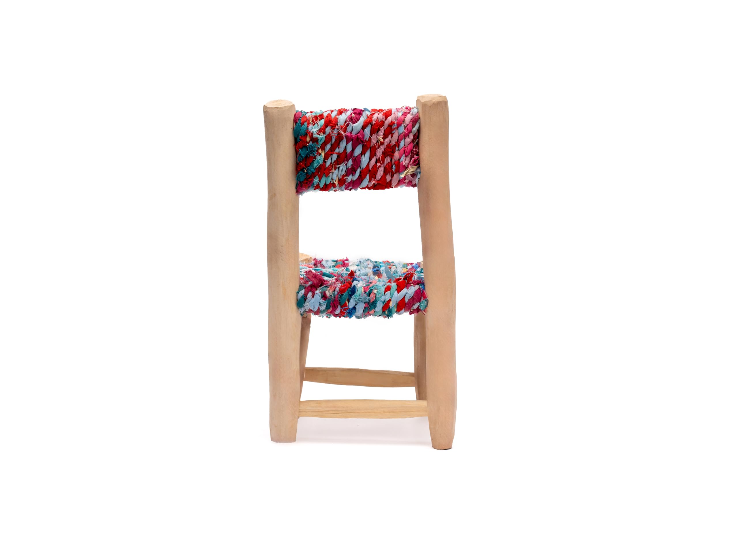 Silla Infantil de Madera Natural, Asiento Tejido Multicolor, Aprox. 44x22x22 cm, Artesanal