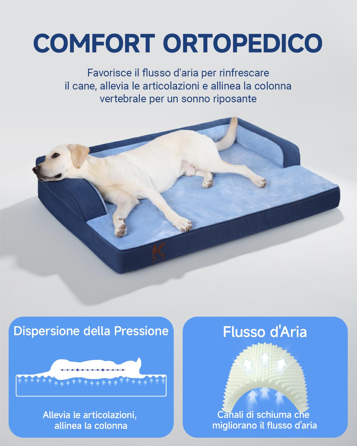 KSIIA Cuccia Cane Interno Cuscino Cane Sfoderabile e Lavabile, Ortopedica e Impermeabile con Base Antiscivolo, Con Cuscino a Forma di U, Blu, 104x68x17cm