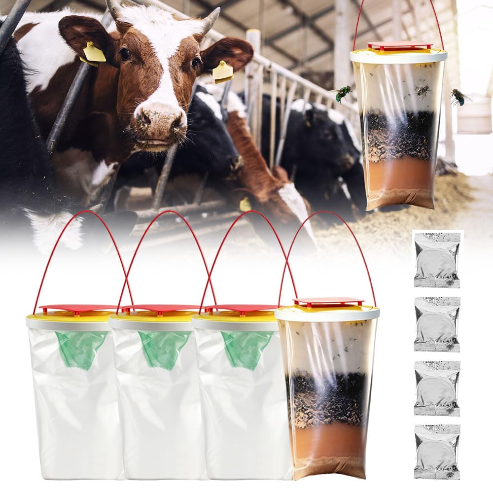 Mineup 4 Pezzi Trappola per Antimosche da Interno Esterno,Cattura Mosche con Alimenti, Sacchetti per trappole per mosche,Acchiappa Mosche per giardino, fattoria, stalla per cavalli all'aperto
