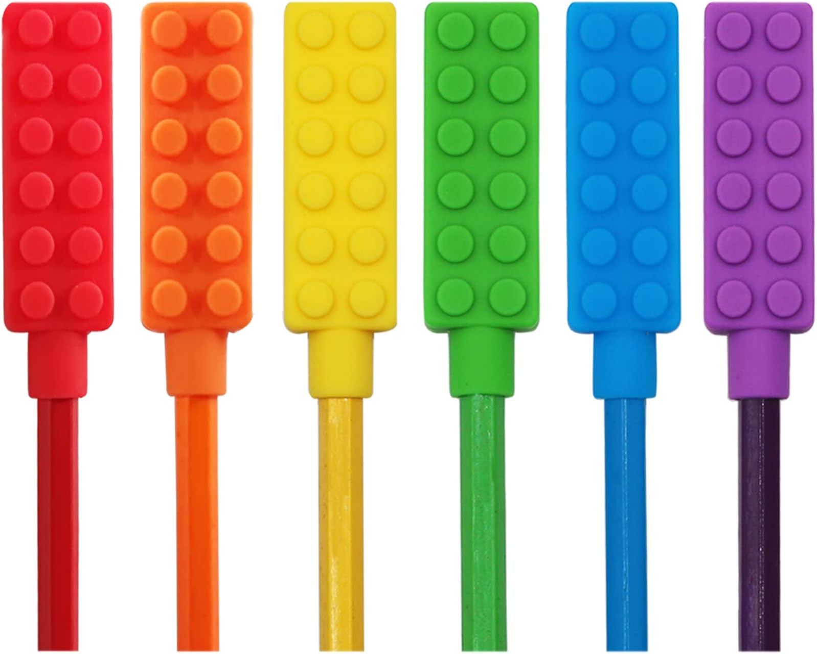 Chewable Pencil Toppers for Sensory Kids Boys and Girls (6 Pack), Silicone Rainbow Chew Toys for Chewers with Special Oral Motor Needs, Chewing Brick Tools Fidget Stim Toy for Autism Children Student