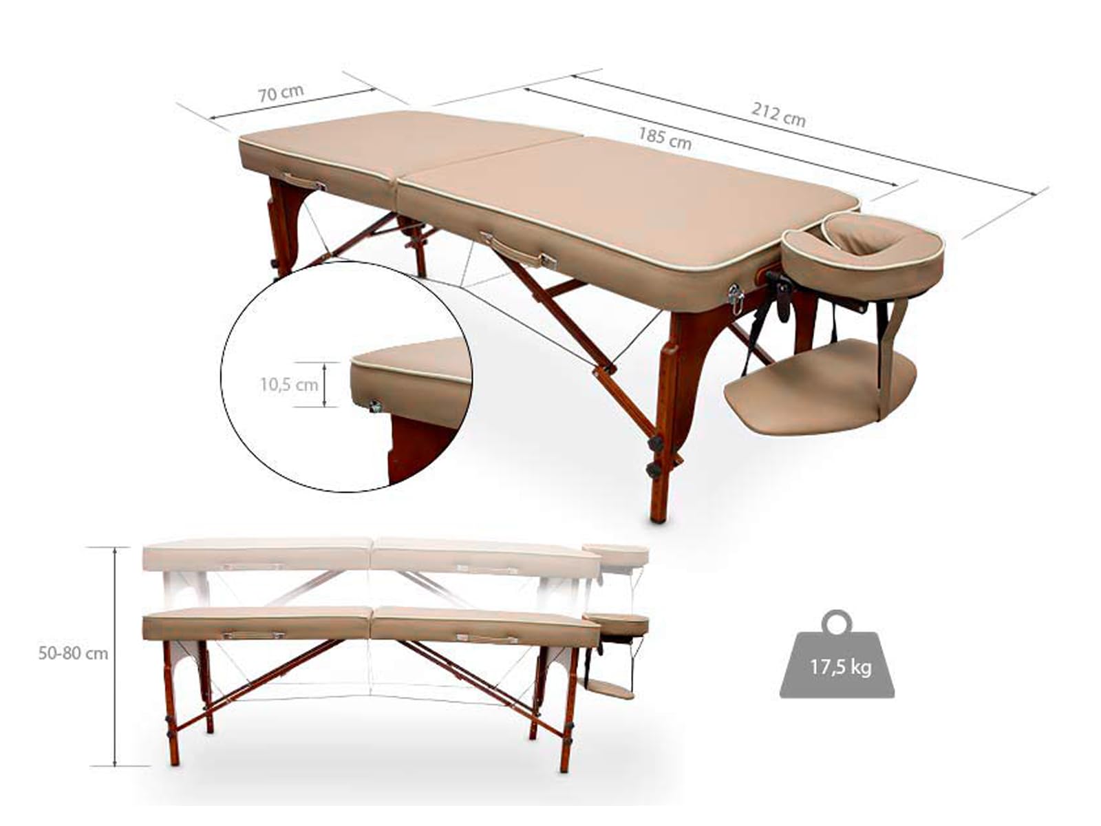 QUIRUMED Camilla de Masaje para SPA, Portátil, de Madera, Color Arena, Madera Barnizada, Polipiel, Relleno de Alta Densidad, Altura Regulable, Plegable, Cabezal Desmontable, hasta 210 kg