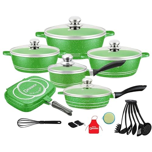 Yadlan Cookware Seat Set Of 18 Pieces Aluminum, Marbled Coating Pant and Pits Set with Full Set of Spatulas, Compatible with All Heat Sources（Induction Cooker Can Not Be Use） Green