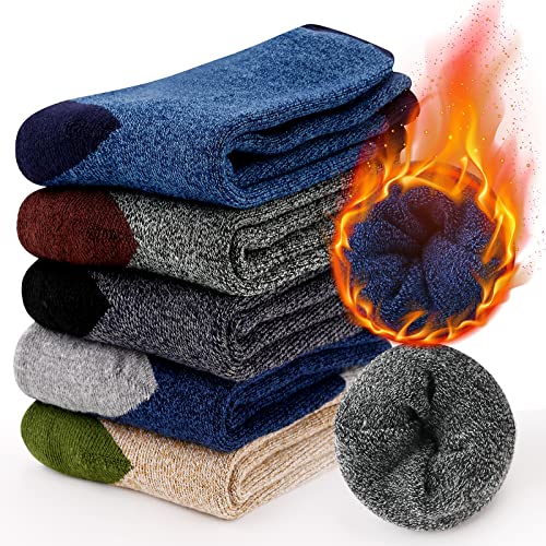 5 Paar Thermosocken Herren Wollsocken Wintersocken Multipack Warm Chunky Stricksocken Atmungsaktiv Stricken Baumwolle Thermal Athletic Wandersocken Soft Geschenk Socken Haus Socken für Wandern Laufen