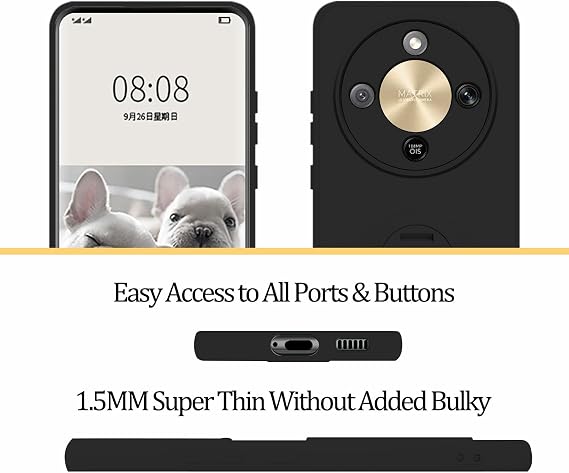 スタンド付きHonor Magic 8 Liteケース、フルカメラレンズ保護スリムケース、Honor Magic 8 Lite用シリコンフォンケース、リストストラップストラップ付きブラック
