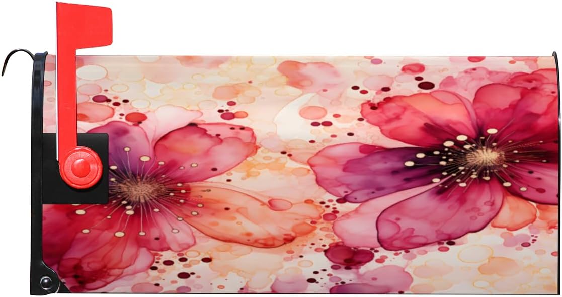 Abstract Flowers Mailbox Cover Magnetic, Red Floral Decorative Post Letter Box Wrap Decor Funny Inspirational Garden Yard Farmhouse Outdoor Decoration, 21" x 18" Standard Size