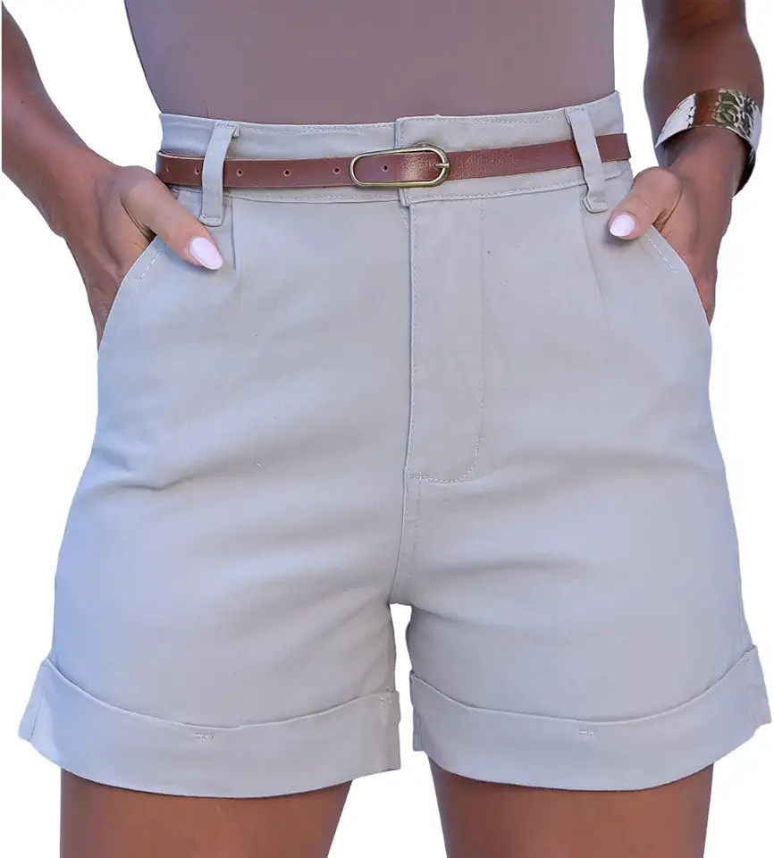 Short Sarja Feminino Alfaiataria com Cinto Lycra Cintura Alta Bolso Faca Liso Atrás Barra Virada Soltinho e Premium