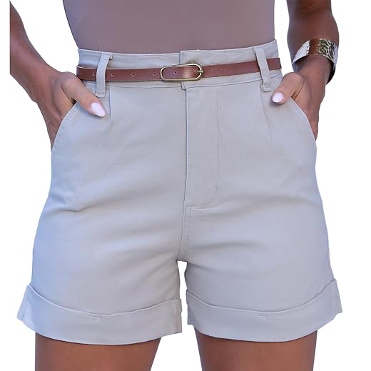 Short Sarja Feminino Alfaiataria com Cinto Lycra Cintura Alta Bolso Faca Liso Atrás Barra Virada Soltinho e Premium