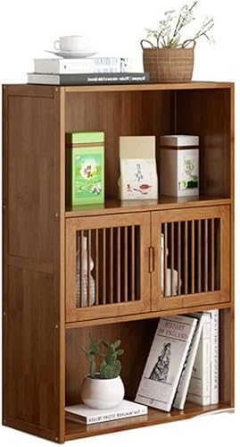 SYALEO Estantería de 2 niveles y 3 niveles con puertas de bambú para almacenamiento bajo, estantes de exhibición, estante de libros de pie para
