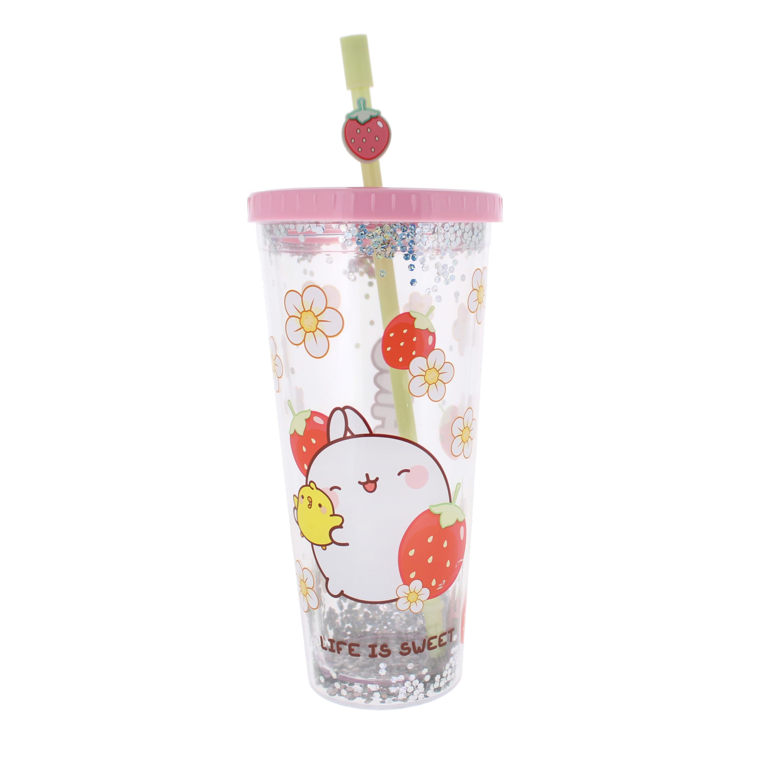 Blueprint Collections Molang Beaker with Straw | 700ml Glitter Cup with Lid & Reusable Straw | Cute Strawberry Design for Smoothies & Cold Drinks | Official Molang Gifts & Accessories