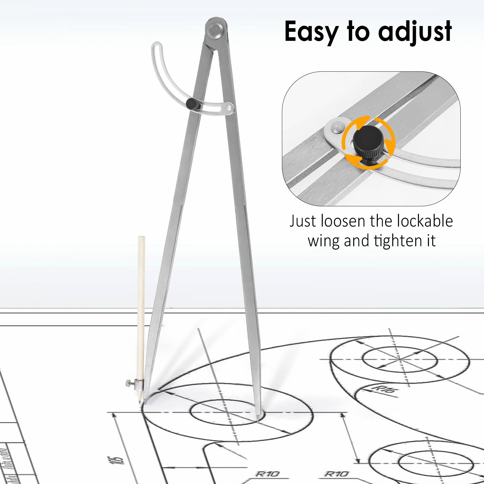 LYDODOKA 16 Inch Drawing Compass, Precision Carbon Steel Drafting Compass Tool with Pencil Holder and Lockable Wing Divider, Woodworking Compass for Drawing
