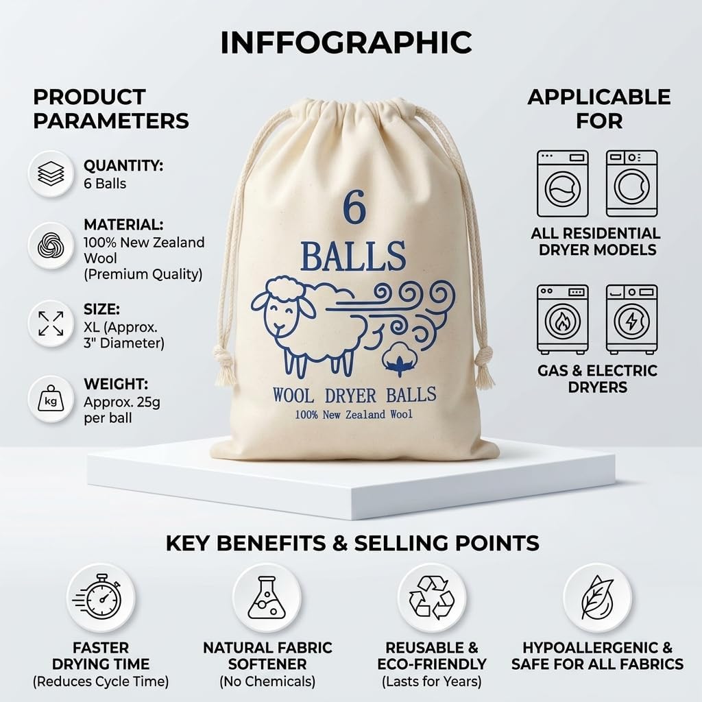 Homyng 6-Pack Large New Zealand Wool Dryer Balls - Natural Fabric Softener | Reusable Laundry Balls to Reduce Static Cling, Wrinkles & Shorten Drying Time
