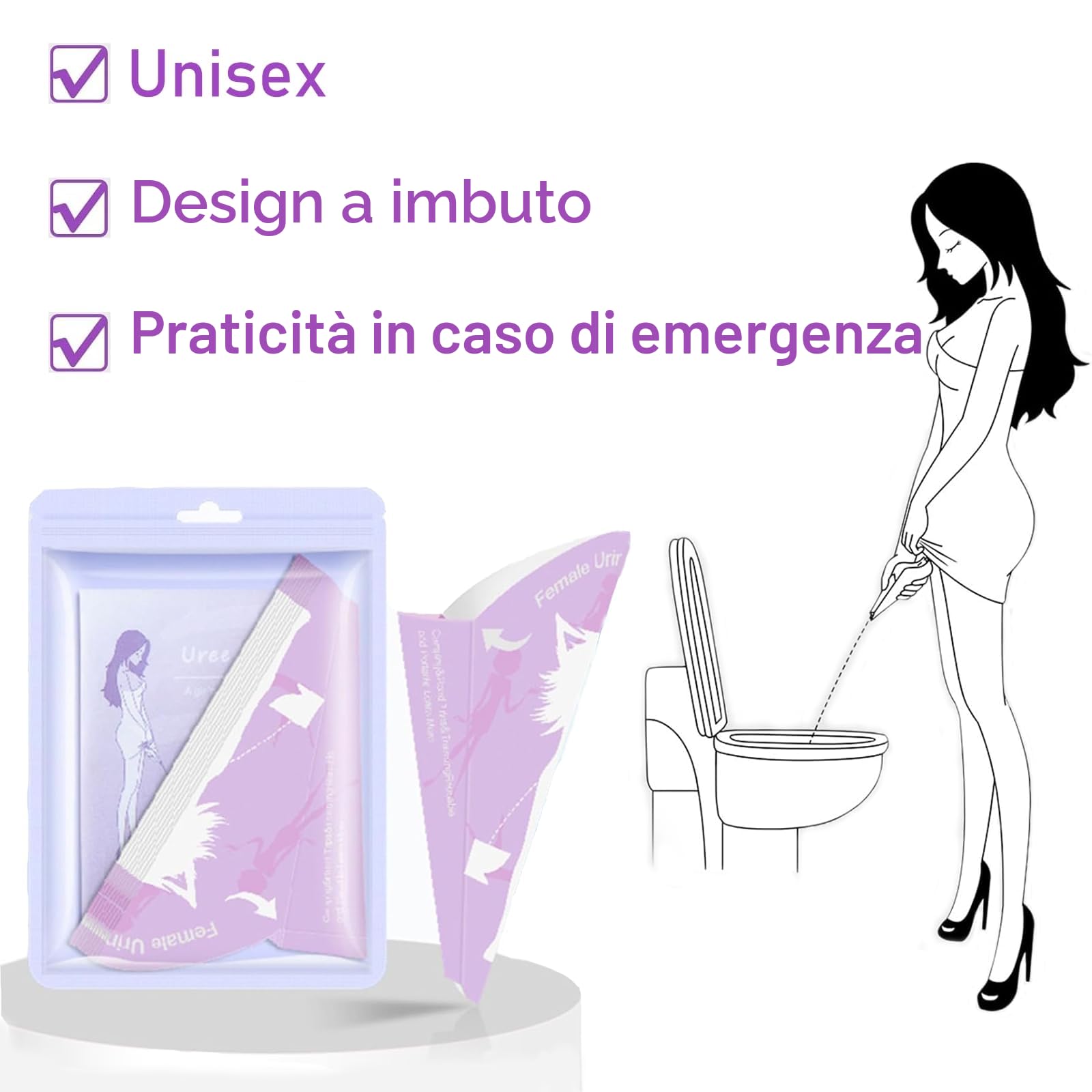 50 Pezzi Coni per Pipi Donna USA e Getta,Urinatoio Femminile Portatile in Carta, Impermeabile Pipi in Piedi, Adatto a Donne Incinte, Pazienti, Campeggio, a Prova di Perdite(Viola)