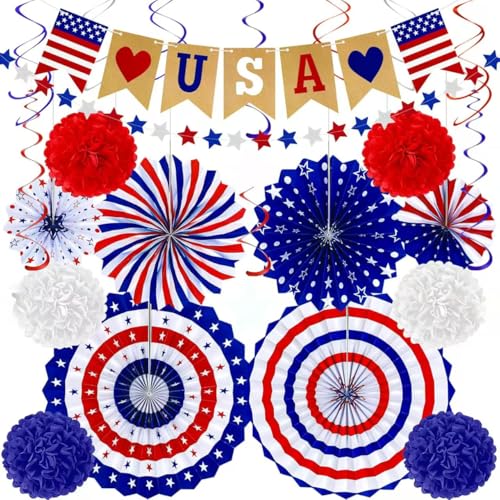 Image of 26Pcs Patriotic Decorations - Red, White & Blue USA Flag Party Pack for Fourth of July, Includes Paper Fans, Pom Poms, Hanging Swirls, Banner & Star Streamer