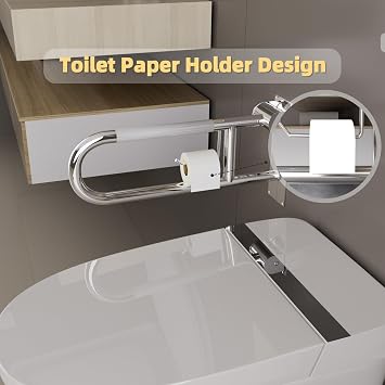 30 Inch Toilet Grab Bar, Fold Down Grab Bar with Paper Holder, Knurled Anti-Slip Grab Bars for Toilet, Stainless Steel Handrails Toilet for Seniors Disabled Elderly Pregnant, Polished Chrome