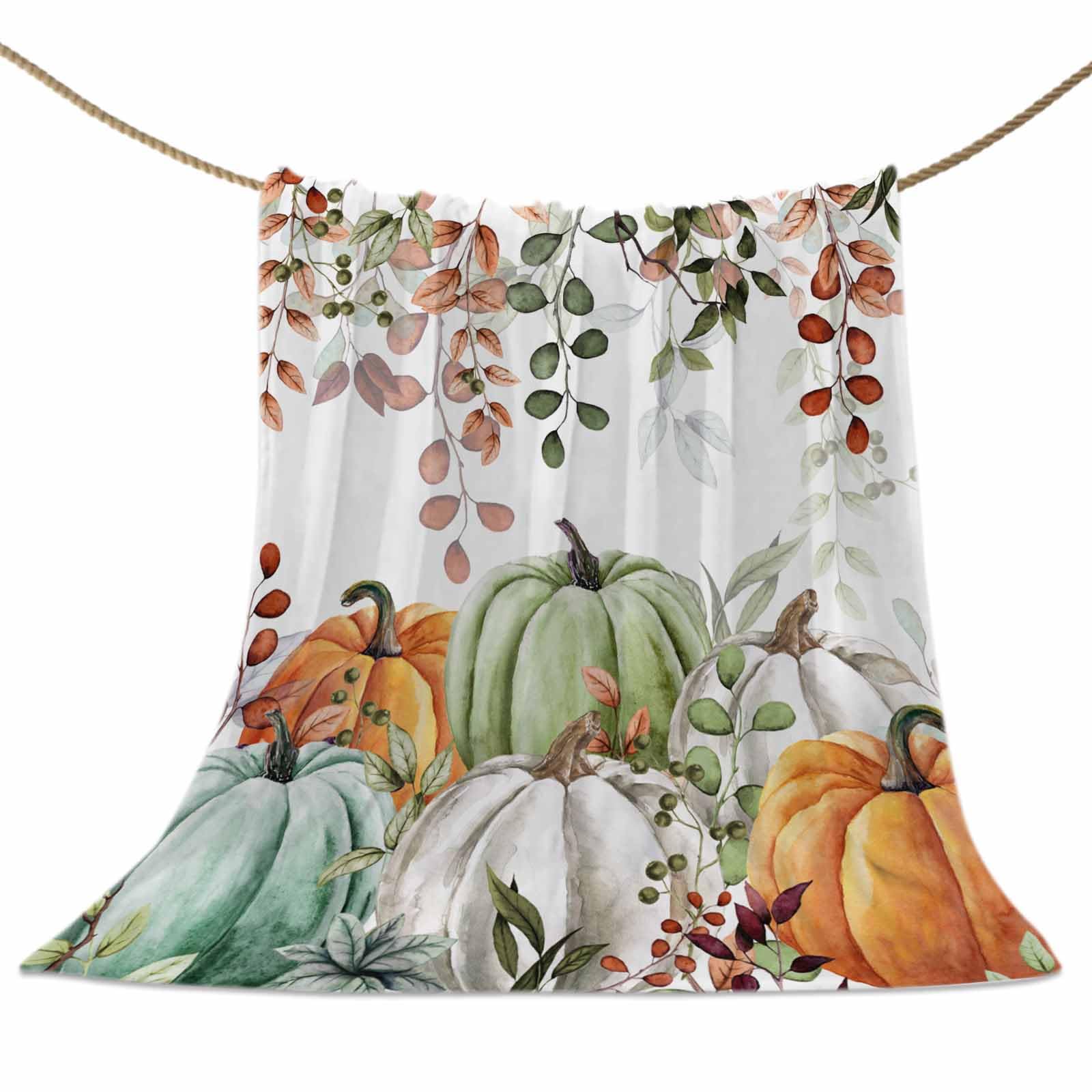Wpamlrta Fall Thanksgiving Throw Blankets, Autumn Pumpkins Eucalyptus Leaves Soft Fleece Blanket Decorative for Home Sofa Couch Chair Living Bedroom,30x40 Inches, Blue Sage Green Orange