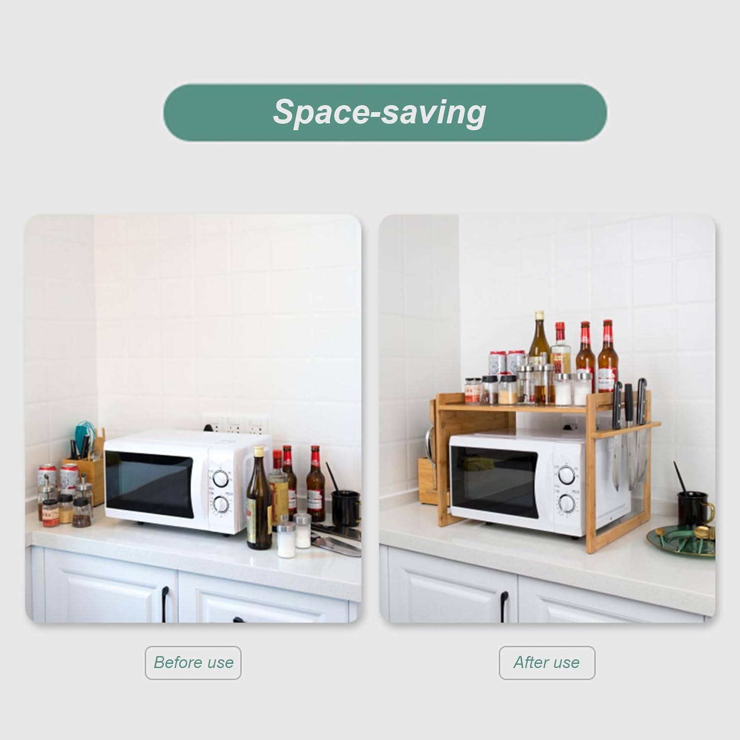 Bamboo Microwave Oven Rack with Chopping Board & Knife Holder, Over-the-Microwave Shelf, Kitchen Storage Organizer for Toaster & Countertop Space Saving