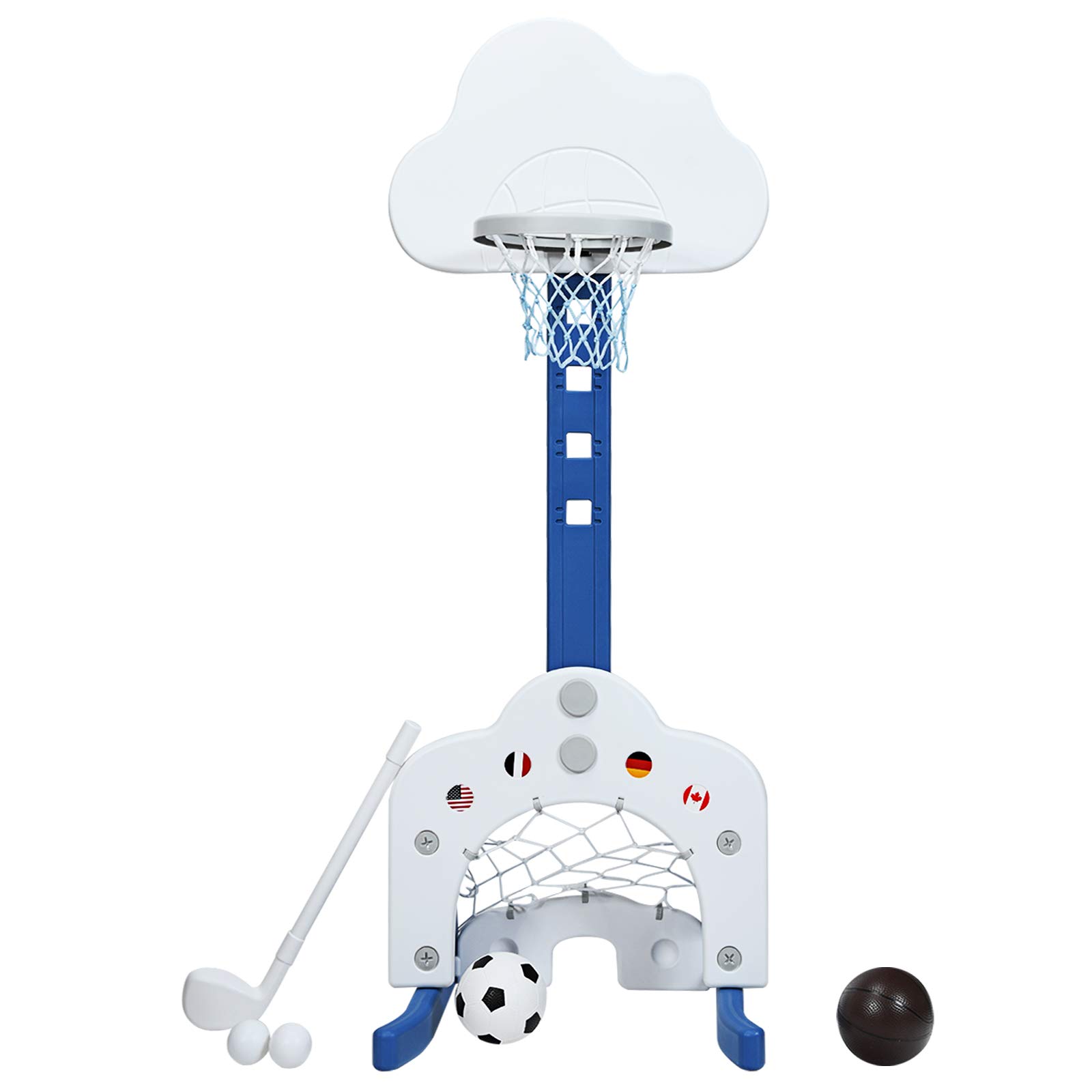 GOPLUS 3-in-1 Kinder Spielplatz, Basketballkorb & Fußballtor & Golfspiel, Höhenverstellbarer Basketballständer, inkl. Basketball, Fußball & Golfball, Junge (Wolke, weiß)