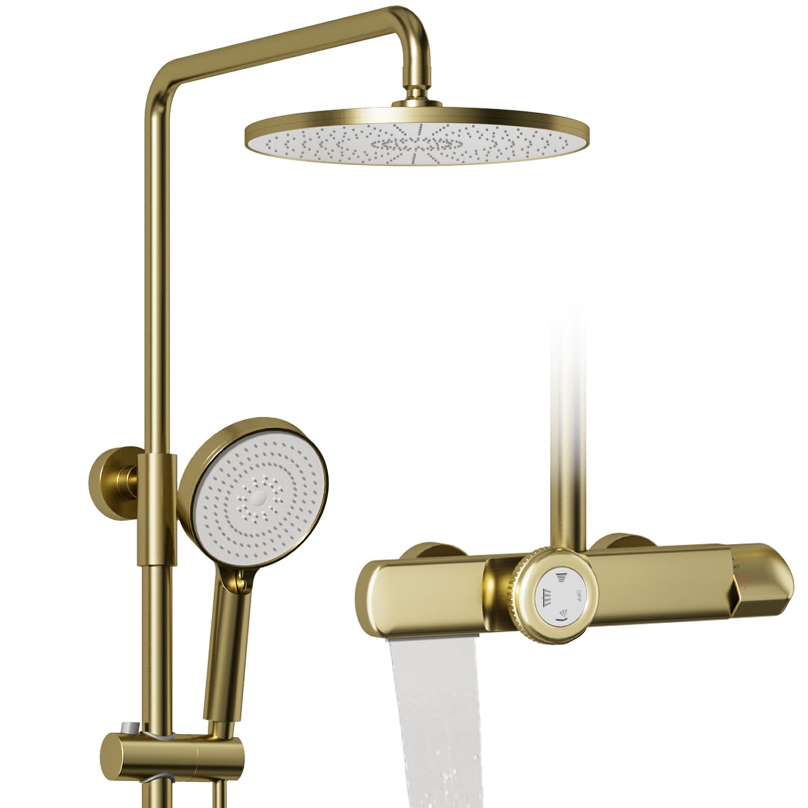 Columna ducha,Oro cepillado Columna de ducha termostática,Conjunto de columna de ducha 3 en 1 con cabezal de ducha de lluvia Grande de 260x260mm,Juego de ducha con cabezal de ducha de lluvia