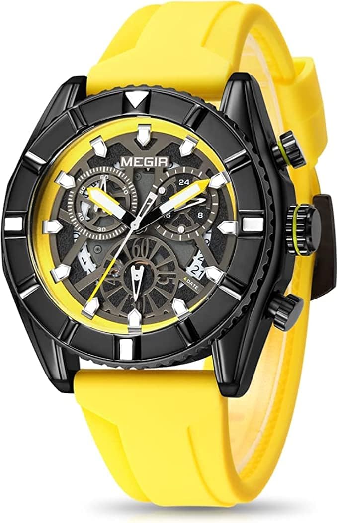 Reloj para hombre SAPPHERO Deportes de negocios Reloj cronógrafo Correa de silicona Reloj de cuarzo para hombre Dial grande Regalo clásico de los hombres, amarillo