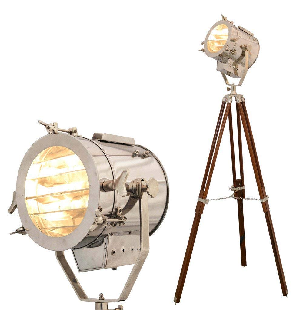 Nautical Replica Hub Brown Nautical Searchlight Spotlight Antique Vintage Style Wooden Tripod Floor Lamp Home Decor Lighting