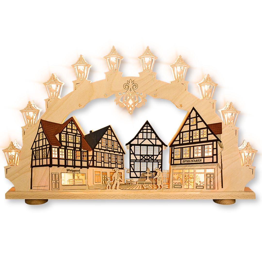 weigla - Schwibbogen original Erzgebirge I Motiv Altstadt I LED Lichterbogen Weihnachten I 15 Lampenkerzen + 1 Ersatzlampe I 15 x 16 V, 0,2 W, E10 I beleuchtete Weihnachtsdeko innen I aus Holz