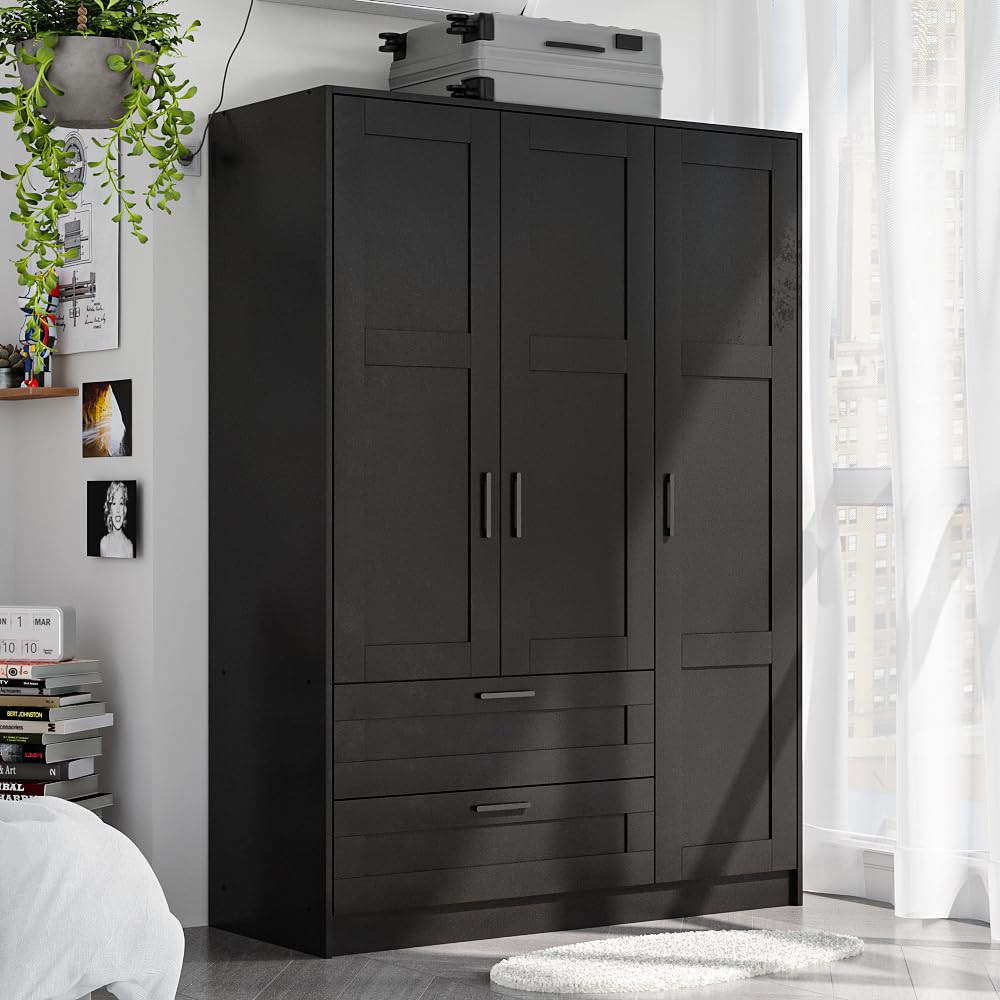 Fddevelop Wood Wardrobe Closet with 3 Doors and 2 Drawer，Bedroom Freestanding Armoire Storage Cabinet with Shelves，Wooden Wardrobe Combination for