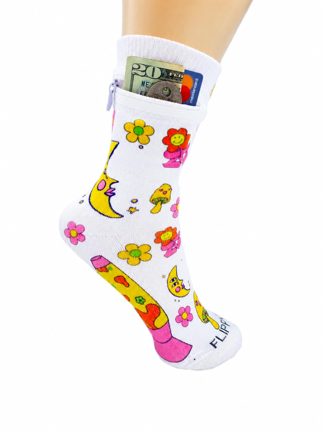 Zipper Sock Wallet - Cotton &amp; Polyester Zipper Socks with Pockets - Fits shoe size 6-13