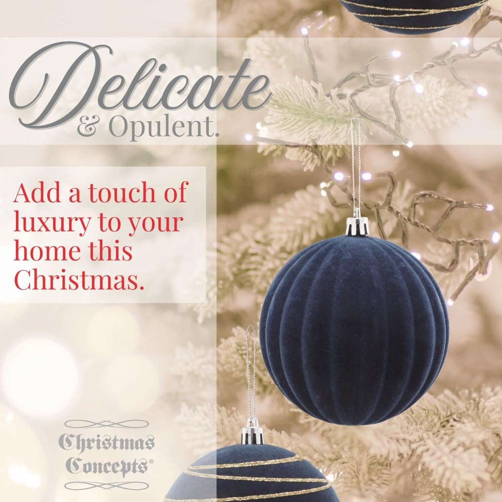 Christmas Concepts Elegance Collection Christbaumkugeln, 5 Stück, 100 mm, Mitternachtsblau, luxuriös, Samt und Glitzer verziert, große Christbaumkugeln, hängende Dekorationen