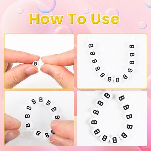 Miniatura 3 de 500 cuentas de letras, pequeñas cuentas de plástico blanco y negro, cuentas redondas del alfabeto, cuentas B para joyería, pulseras, collares,