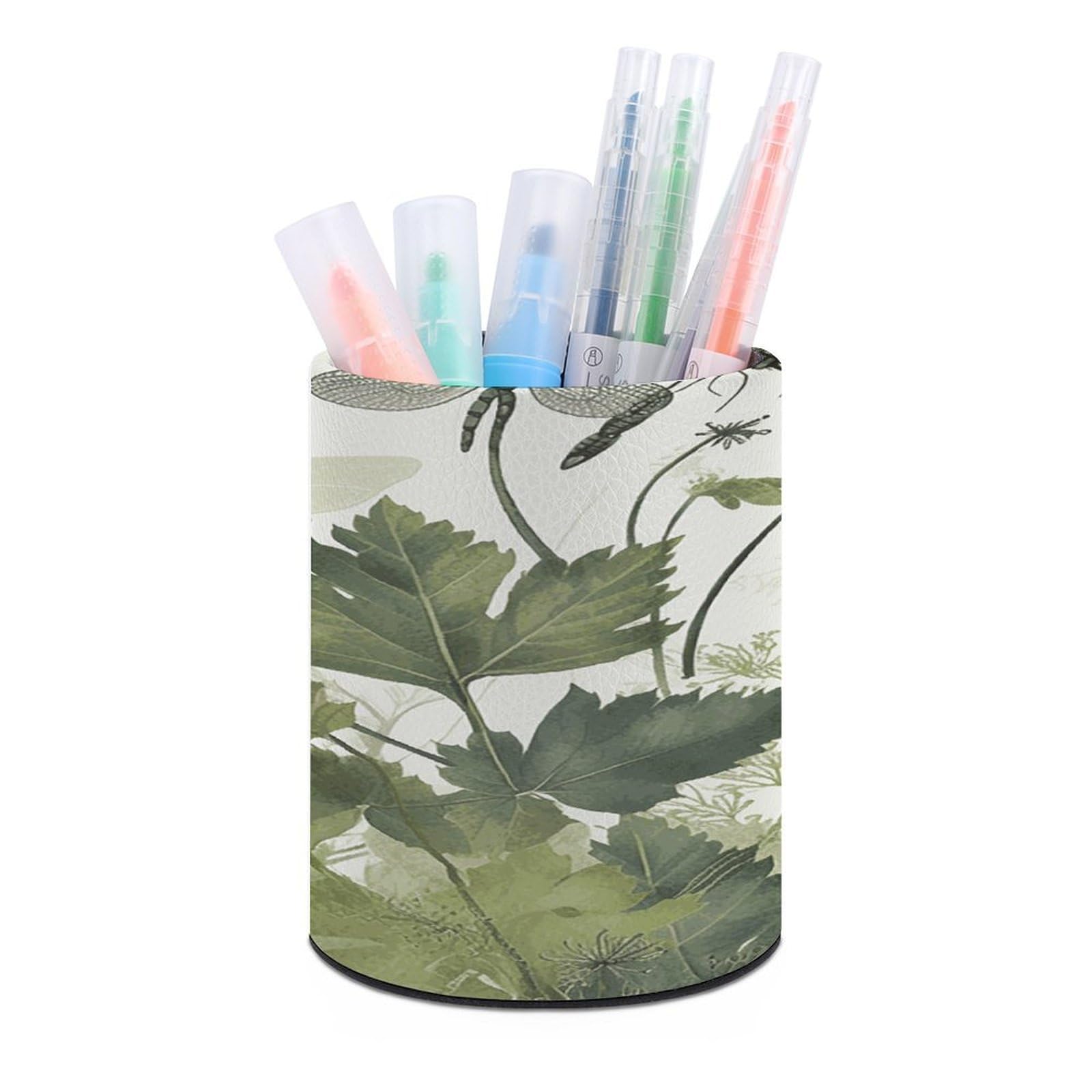 Round Foliage and Herb Pencil Holder Dragonflies Dragonfly Wings Pencil Holder Makeup Pencil Holder PU Leather Coaster Stationery Organizer Office Accessories