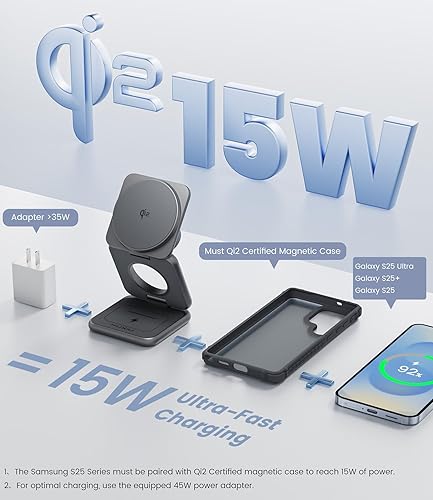 Miniatura 2 de KU XIU Estación de carga 3 en 1 certificada Qi2 para Samsung, cargador inalámbrico plegable de aleación de aluminio de 15 W para Galaxy S25 Series Z