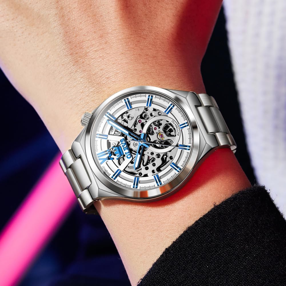 OLEVS Men Watch Automatic Mechanical Skeleton Moon Phase Dress Business Stainless Steel 3AT Waterproof Luminous Men Wrist Watch - Image 3