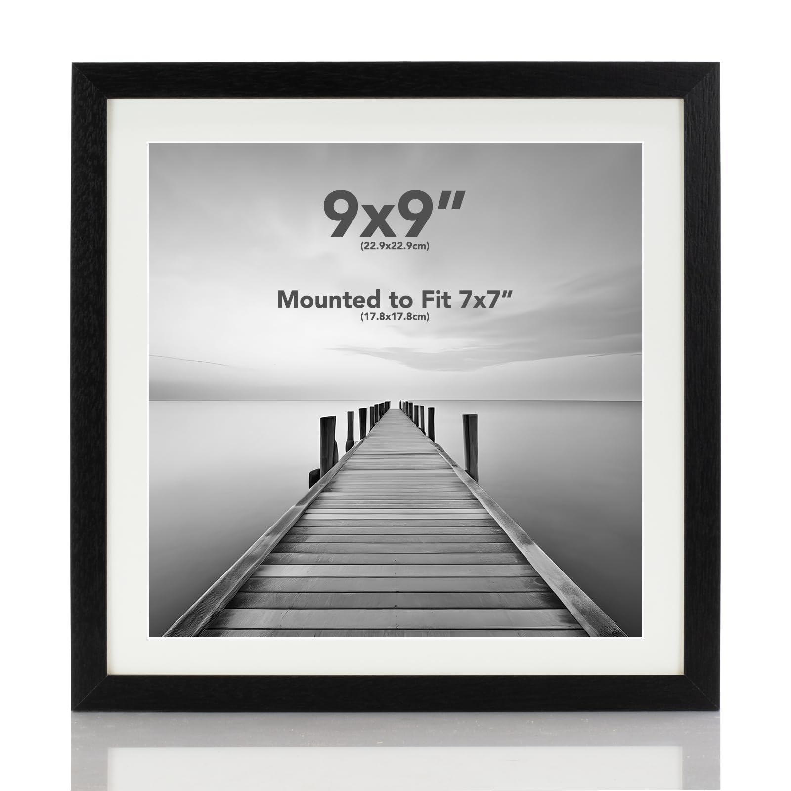 Boldon Framing - Square Thin Black Wood Picture Frame, 9x9 With White Mount to fit 7x7 Picture Wall Mount Photo Display