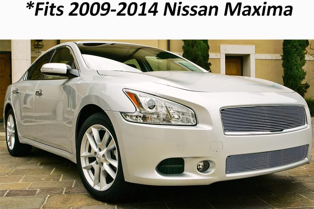 Chrome Billet Grille Insert Compatible with 2009-2014 Nissan Maxima Front Grill Combo 2010 2011 12 13 Upper 2pcs Aluminum Horizontal Billet
