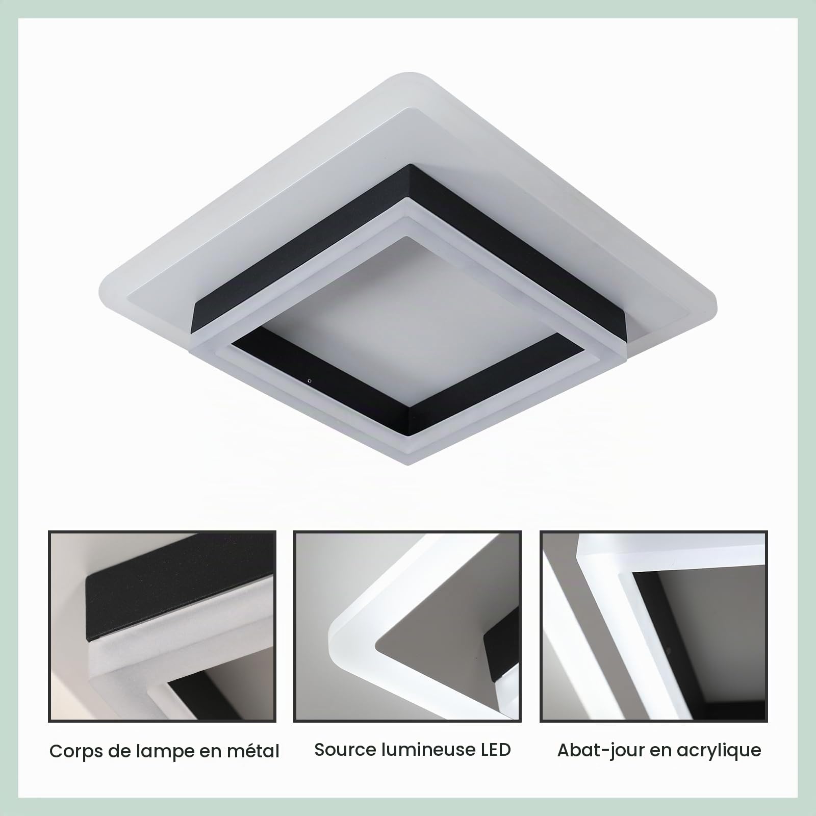 Plafonnier LED Moderne, 30W Lampe de Plafond Carré Noir