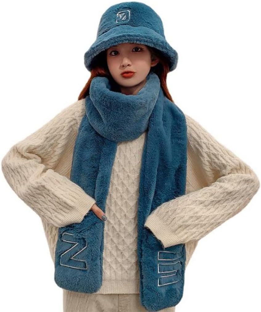 Scarf,Beanie Gloves Scarf Set Cute Bucket Hats For Teens Girls Fuzzy Bucket Hat Fisherman Hat Lady Winter Warm Scarf(Onecolor)