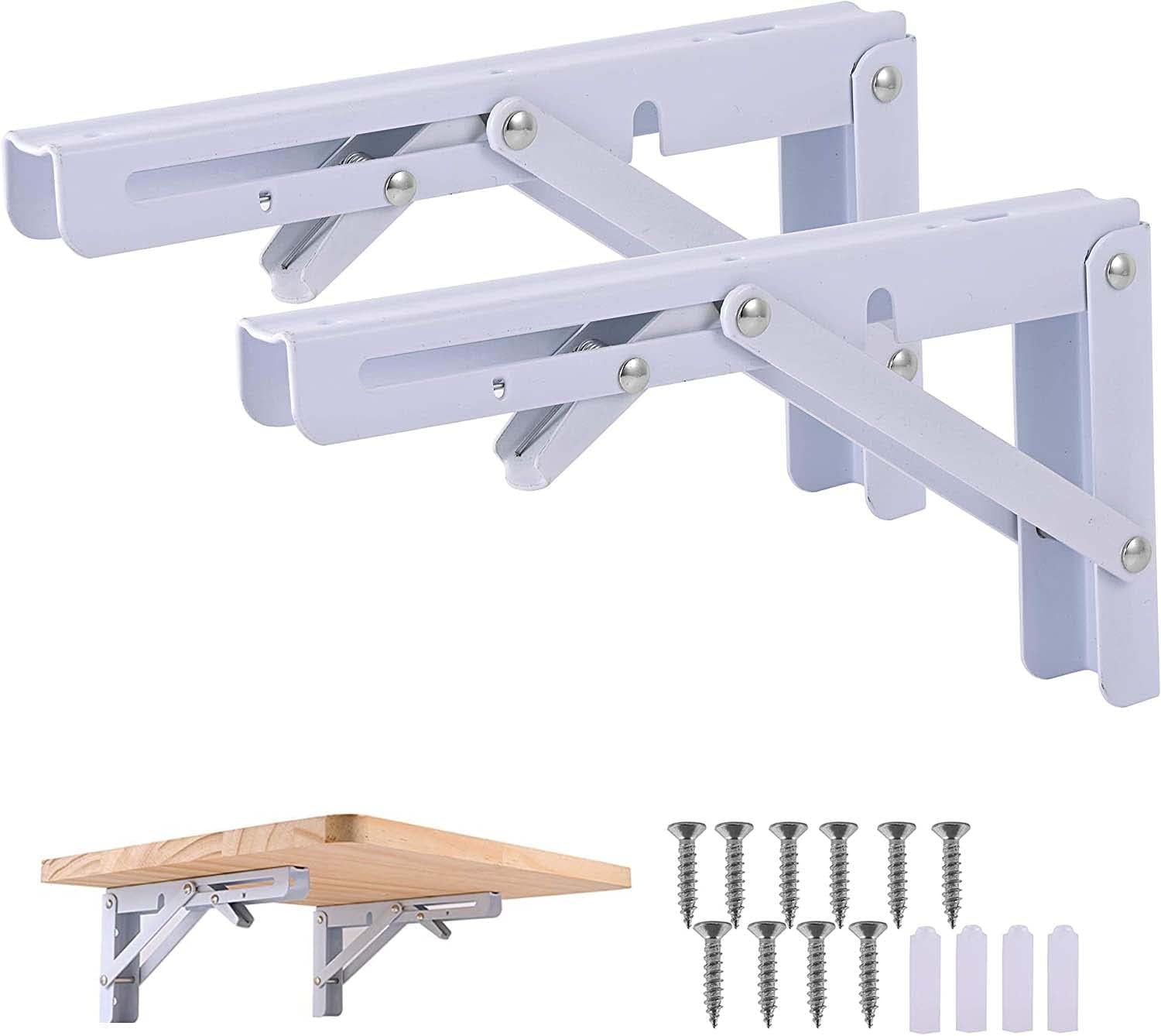 THMINS Folding Shelf Brackets,2PCS Triangle Bracket, Heavy Duty Stainless Steel,Wall Mounted Shelf Bracket Space Saving for Table Work Bench… (8in)