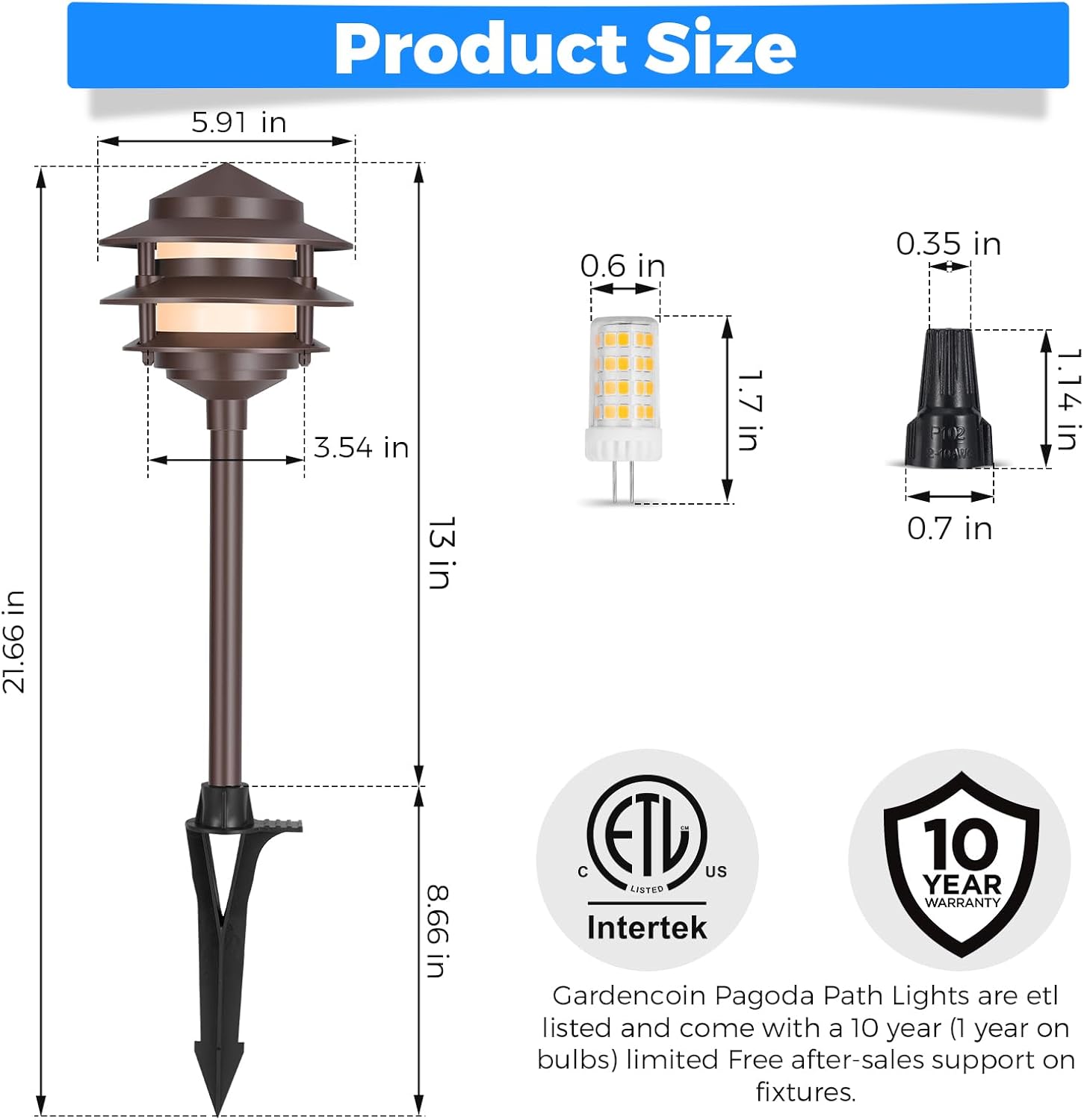 Gardencoin Pagoda Low Voltage Landscape Pathway Lights, 12V Outdoor LED Path Lights Wired, Aluminum Walkway Lighting with 4W 2700K Replaceable G4 Bulb, Bronze Classic 3-Tier Lantern, 6 Pack - Image 6
