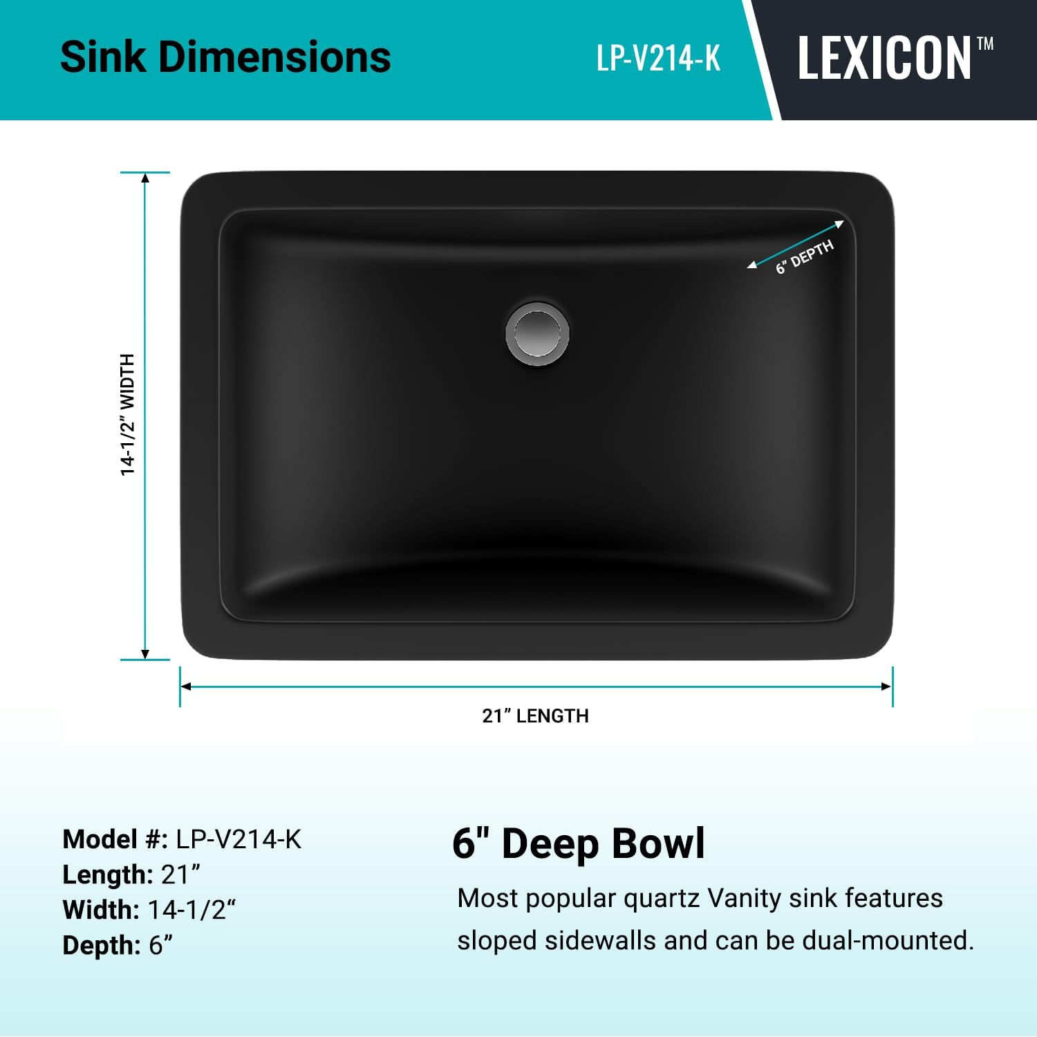 21" Granite Composite Undermount Bathroom Sink, Quartz Bathroom Sinks, Rectangle Bathroom Vanity Sink, Drop In Basin Sink, Galaxy Black Bathroom Sink, Lexicon Platinum LP-V214-K