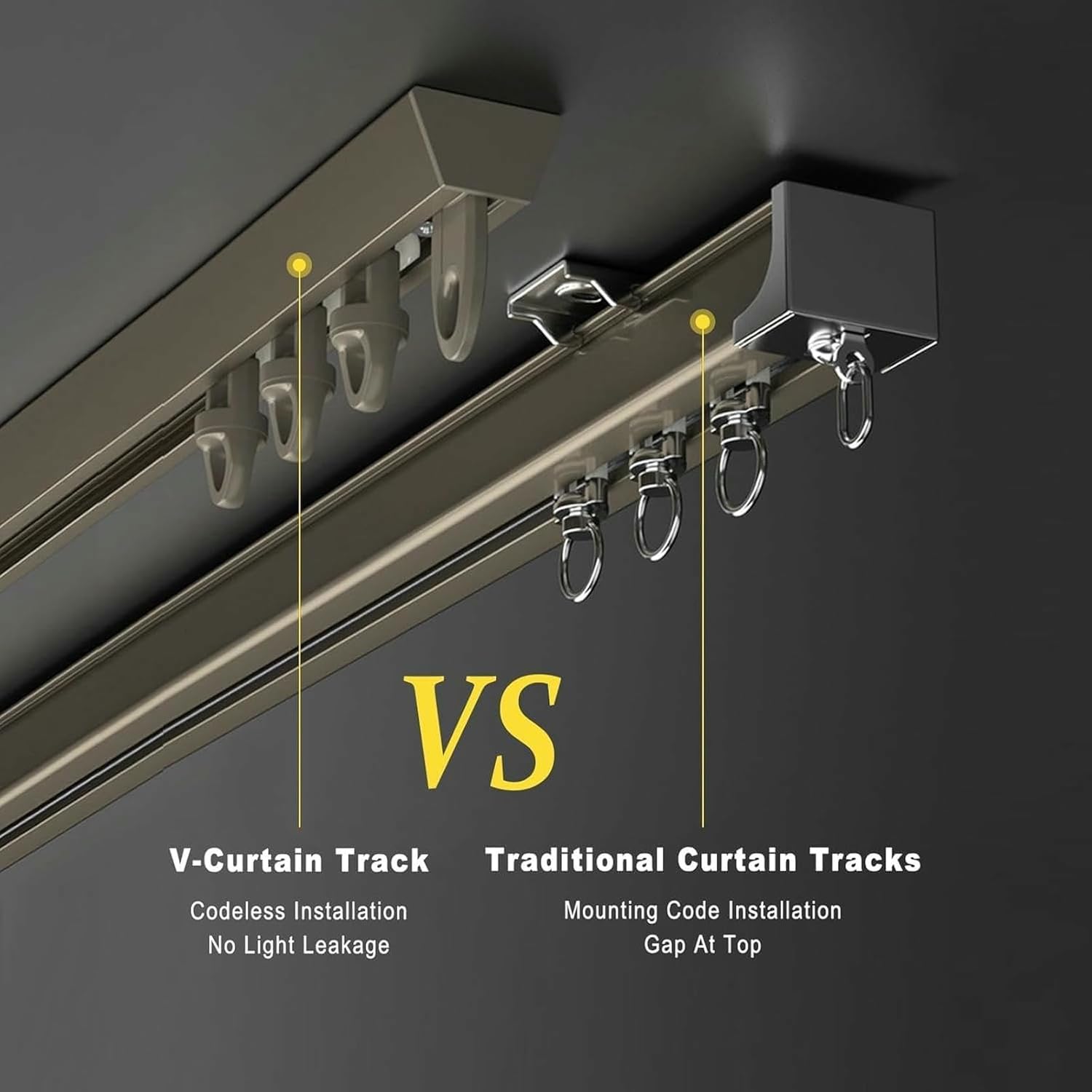 Ultra-Thin V-curtain Curtain Tracks, Aluminium Curtain Track Ceiling Mount, Nano Pulley, Silent and Smooth, No Installation Code, Seamless Top, White, Champagne(Champagne,3m(9.8ft))