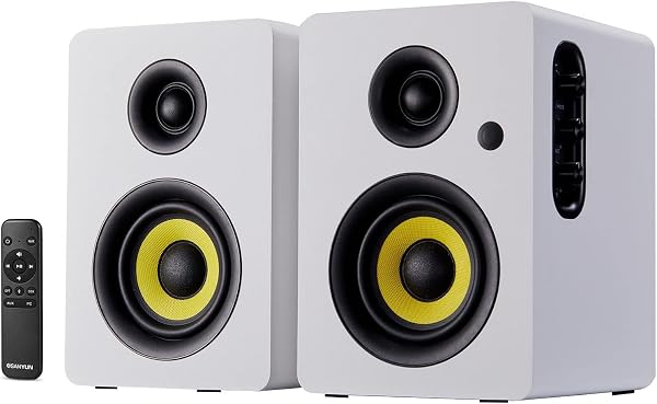 Sanyun SW206 80W głośniki półkowe z podwójnym trybem (monitor/HiFi), 4″ przetwornik, ulepszone 3D pole dźwiękowe, zbal. TRS 6.35mm, BT 5.4, DAC 24bit, optyczne/koncentryczne/AUX/USB, białe