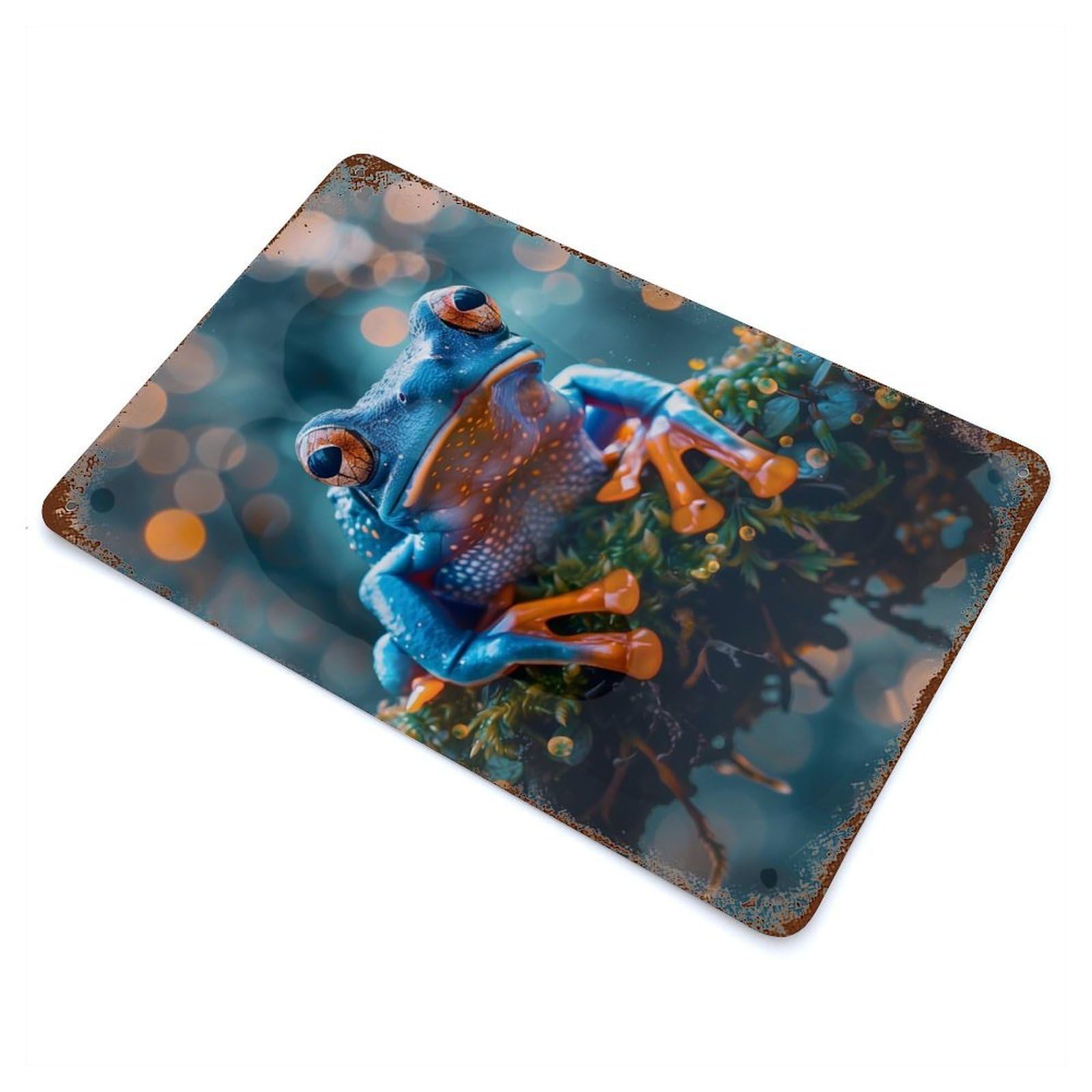 Rusty Metal Tin Sign with Blue And Orange Tree Frog Portrait Design 11.8"x7.9", for Shed, Workshop And Garage Wall Decor, Classic Wall Plaque