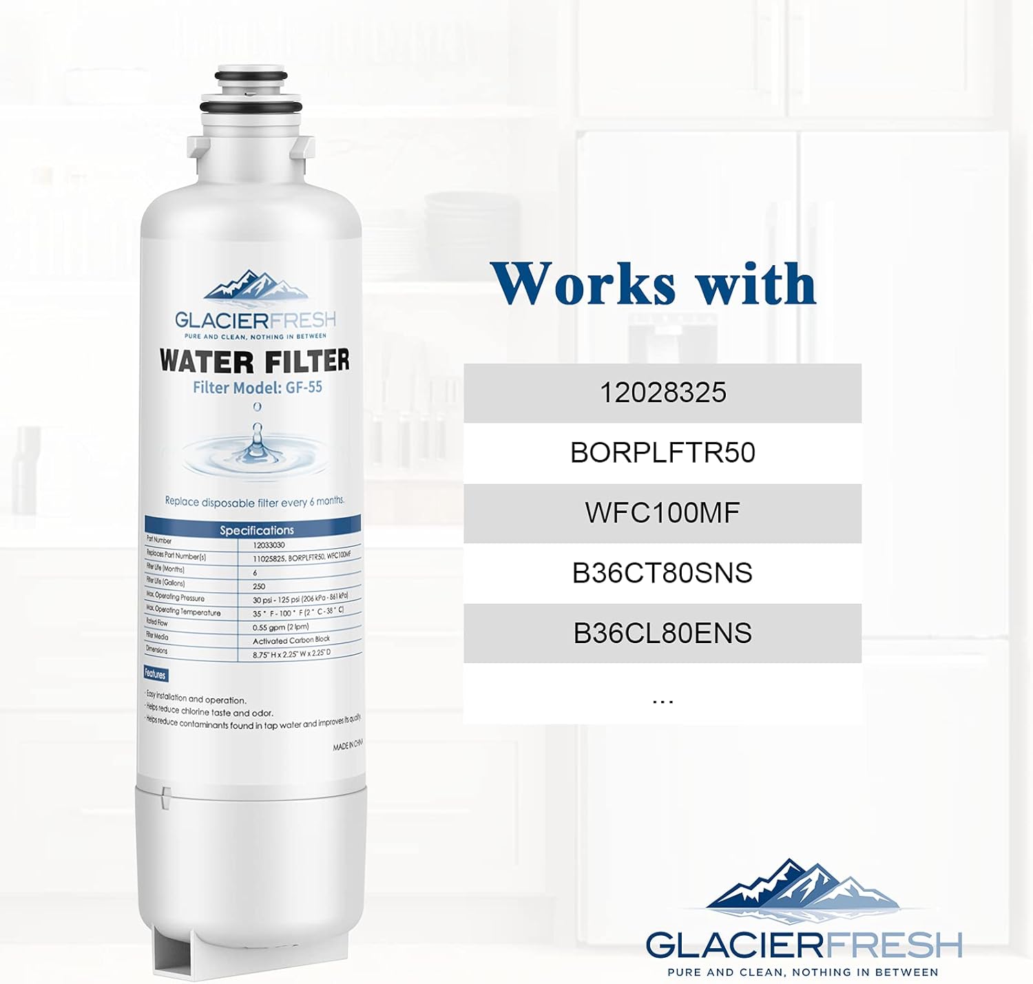 GLACIER FRESH 12033030 Replacement for Bosch 11025825 Ultra Clarity Pro Refrigerator Water Filter BORPLFTR50, Compatible with 12028325, 11032531, BORPLFTR50, WFC100MF, B36CT80SNS, B36CL80ENS (1 Pack) : Appliances
