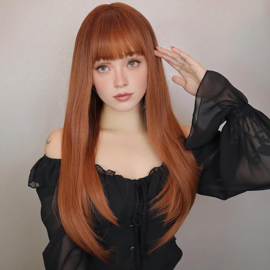 PORSMEER Long Wigs for Women with Bangs Long Straight Natural Layered Wavy Wigs Synthetic Heat Resistant Hair for Girls Daily Party Use (Auburn) - Image 2