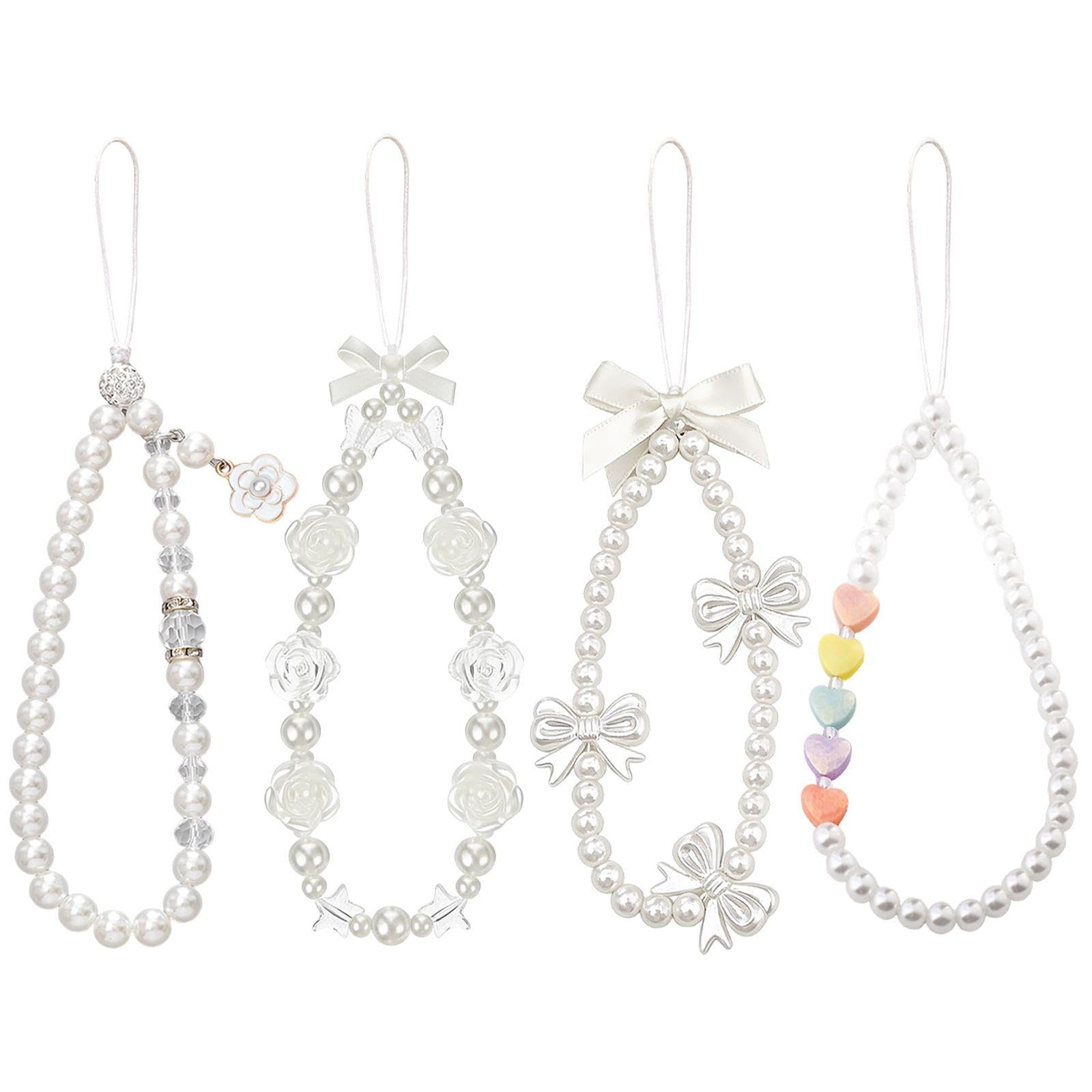 Ubsiuh White 4 Strings Of Mobile Phone Case Beaded Hanging Chain, Pearl Rose Love Heart, Decorative Chain, Suitable For Mobile Phone Beautification And Fashion Matching.