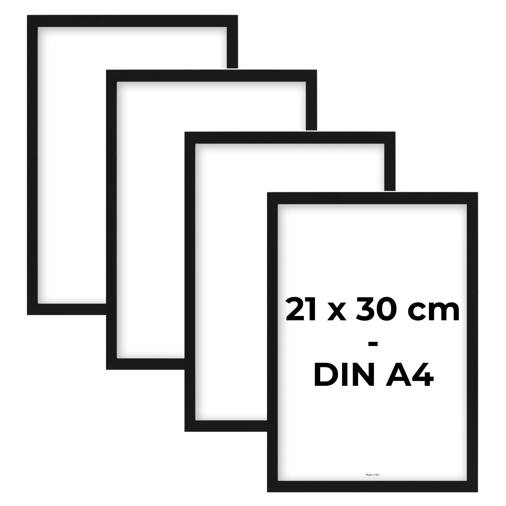 Set di 4 cornici portafoto A4, 21 x 30 cm, in legno MDF nero, per poster, vetro acrilico infrangibile, da appendere e da appoggiare, per foto, immagini e poster